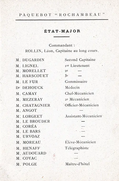 List of Senior Officers and Staff on the SS Rochambeau Voyage of 7 November 1922.