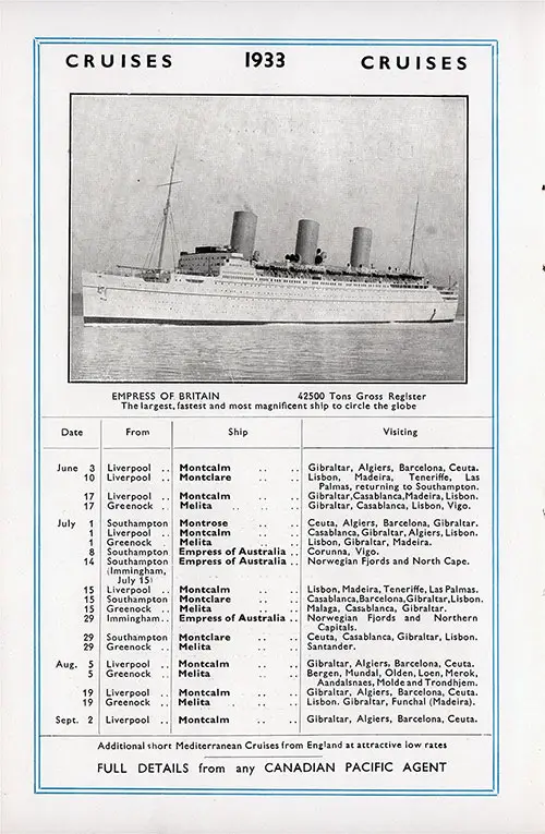 Cruise Schedule for the Canadian Pacific Line for 3 June through 2 September, 1933.