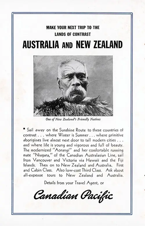 Make Your Next Trip to the Lands of Contrast -- Australia and New Zealand. This 1937 Advertisement for Canadian Pacific...