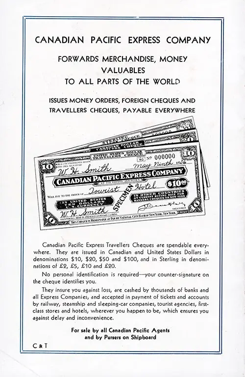 1937 Advertisement for Canadian Pacific Express Company. They Forward Merchandise, Money, and Valuables to All Parts of the World.
