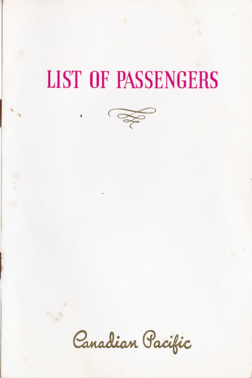 Front Cover, SS Duchess of Bedford Cabin and Tourist Passenger List - 19 August 1938.
