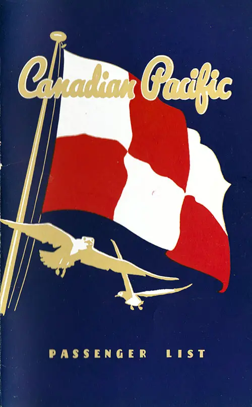 Front Cover, Canadian Pacific (CPOS) SS Empress of Canada First Class - Tourist Passenger List - 31 July 1951.