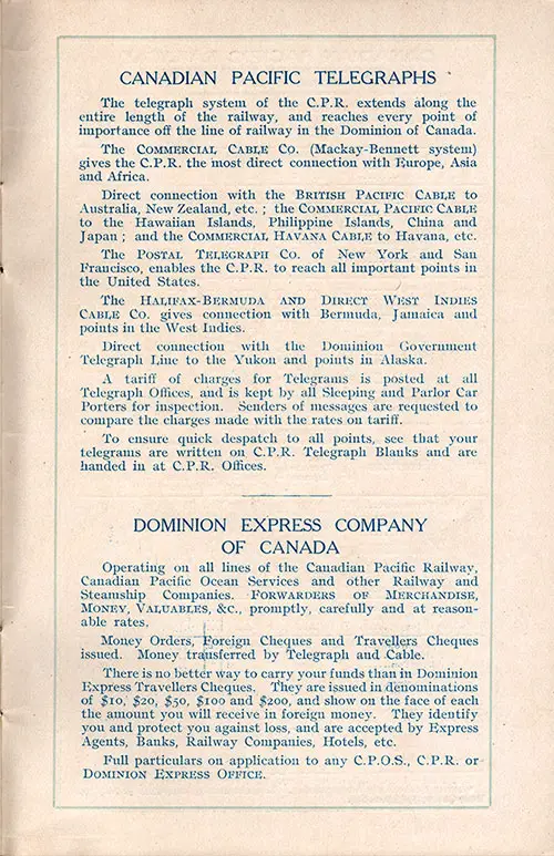 Canadian Pacific Telegraphs and the Dominion Express Company of Canada.