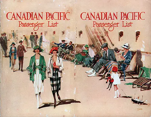 Front and Back Covers Combine for a Lively and Colorful Deck Scene Onboard the SS Empress of France. This Adorned the 18 August 1928 Passenger List for Tourist Third Cabin Passengers.
