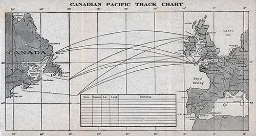 Transatlantic Canadian Pacific Track Chart, 1928. Map Shows the Various Routes Taken Between Europe and Canada.