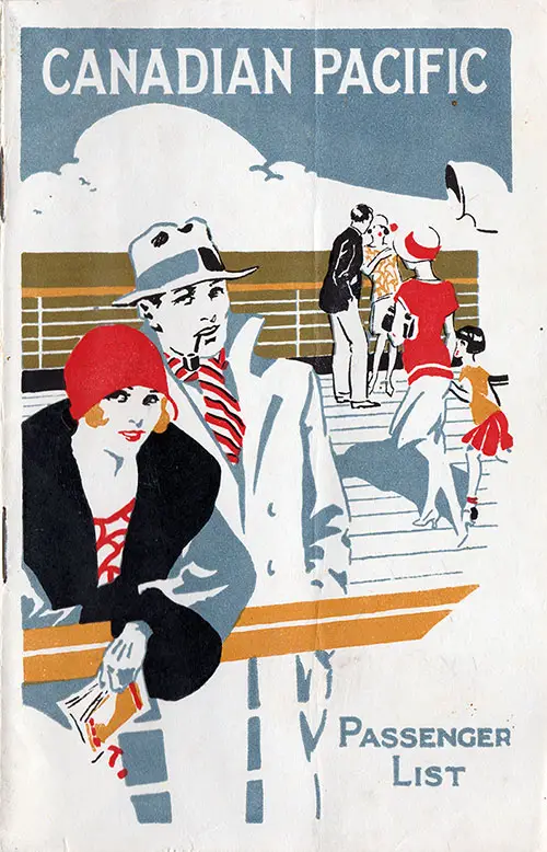 Colorful and Lively Deck Scene Illustration Adorns the Front Cover of a Second Cabin Passenger List from the SS Empress of Scotland of the Canadian Pacific Line (CPOS). The Ship Departed 20 July 1929 from Southampton to Québec.