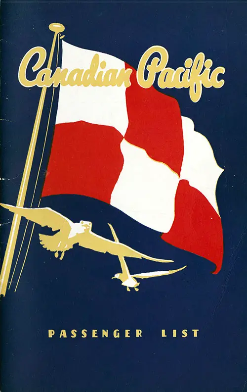 Front Cover of a First Class and Tourist Passenger List from the SS Empress of Scotland of the Canadian Pacific Line (CPOS), Departing Tuesday, 30 May 1950 from Liverpool to Québec.