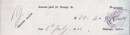 Receipt No. 32893 Dated 5 July 1923 Issued for Passage, etc. of £30 4s. 9d. on the SS Montcalm of the Canadian Pacific Line.