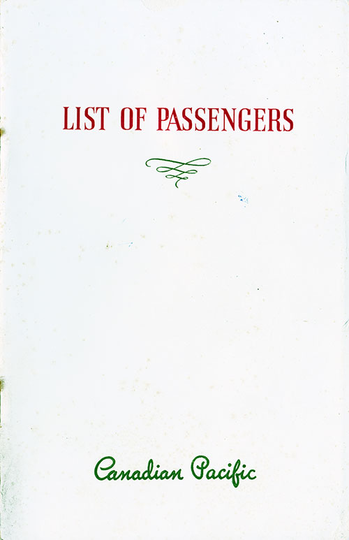 Atlantic Isles and Seaboard Cruise. Cabin Passenger List from the SS Montcalm of the Canadian Pacific Line (CPOS), Departing Saturday, 18 June 1938 from London.