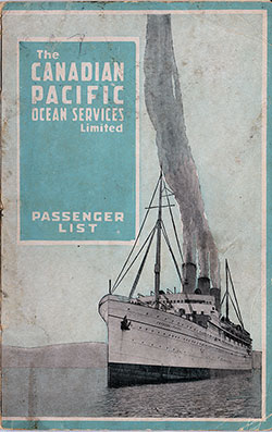 Front Cover, RMS Pretorian Passenger List - 16 August 1919