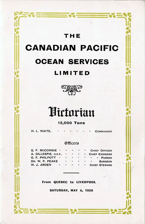 Title Page and Listing of Senior Officers for the 8 May 1920 Voyage of the SS Victorian of the Canadian Pacific Line.