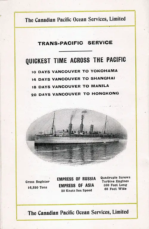Vintage Advertisement for The Canadian Pacific Ocean Services, Ltd. Trans-Pacific Service.