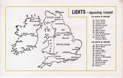 Listing of the Lights Approaching Liverpool via the North of Ireland and via the South of Ireland.