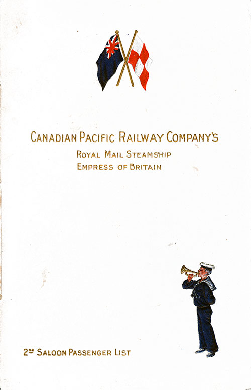 Passenger List, CPR Canadian Pacific Railway RMS Empress of Britain 1908