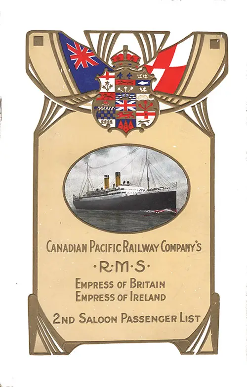 Elegant Front Cover of a Second Saloon Passenger List for the RMS Empress of Britain of the Canadian Pacific Line (CPR), Departing Friday, 18 April 1913 from St. John, NB to Liverpool, Commanded by Captain Jas. A. Murray.