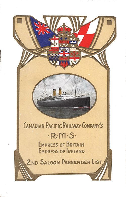 Elegant Front Cover of a Second Saloon Passenger List for the RMS Empress of Britain of the Canadian Pacific Line (CPR), Departing Friday, 18 April 1913 from St. John, NB to Liverpool, Commanded by Captain Jas. A. Murray.