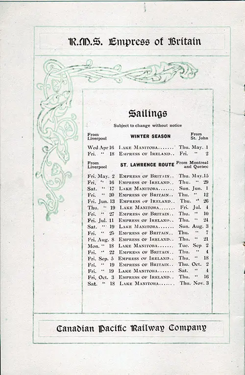 RMS Empress of Britain Sailings, 1913