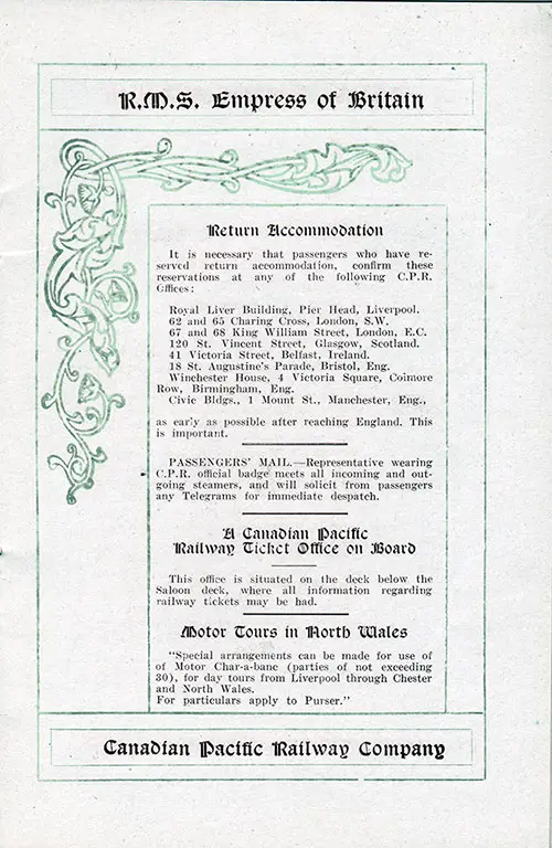 Information for Second Saloon Passengers Included in the 18 April 1913 Passenger List for the Empress of Britain.