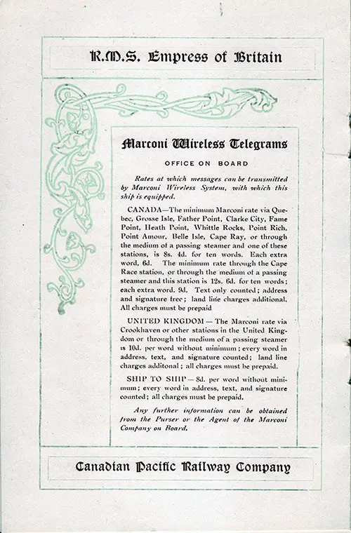 Information About the Marconi Wireless Services for Passengers Onboard the SS Empress of Britain in 1913.