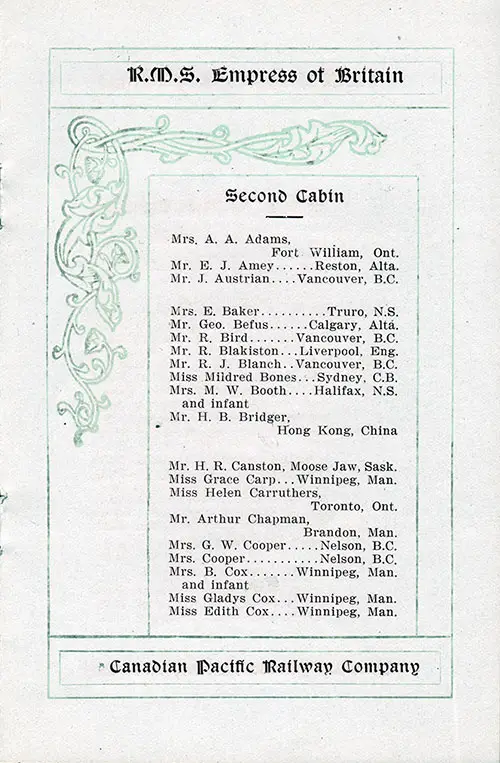 Page 1 of 6 Listing of Second Saloon Passengers for the 18 April 1913 Voyage of the SS Empress of Britain.