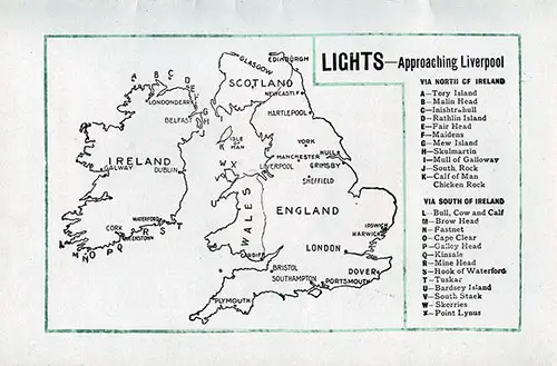 Lights Approaching Liverpool via North of Ireland or via South of Ireland, 1913.