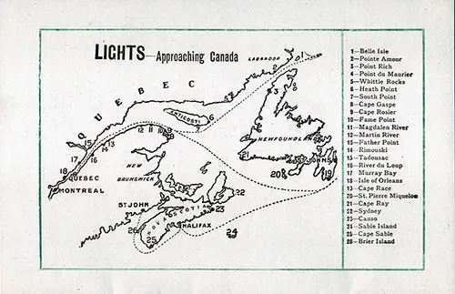 Listing of the 23 Lights Approaching Canada, 1913.
