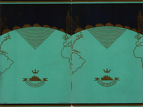 Back and Front Covers of a Tourist Class Passenger List from the RMS Alaunia of the Cunard Line, Departing Saturday, 27 August 1938 from Southampton to Quebec and Montreal via Le Havre.