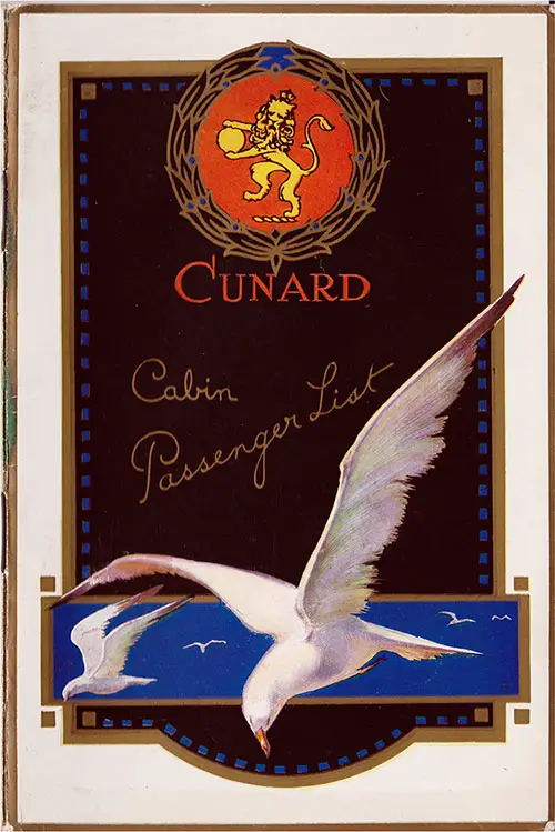 Front Cover of a Cabin Passenger List from the RMS Andania of the Cunard Line, Departing Friday, 1 August 1924 from Southampton to Québec and Montréal.