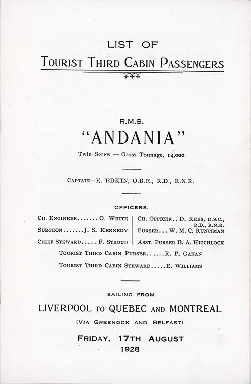 Title Page, RMS Andania Tourist Third Cabin Passenger List, Friday, 17 August 1928.