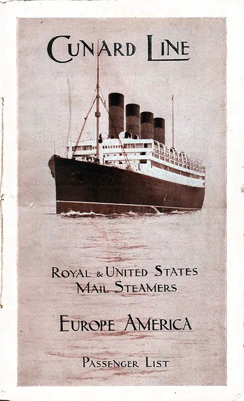 Front Cover, RMS Aquitania Passenger List - 11 July 1914