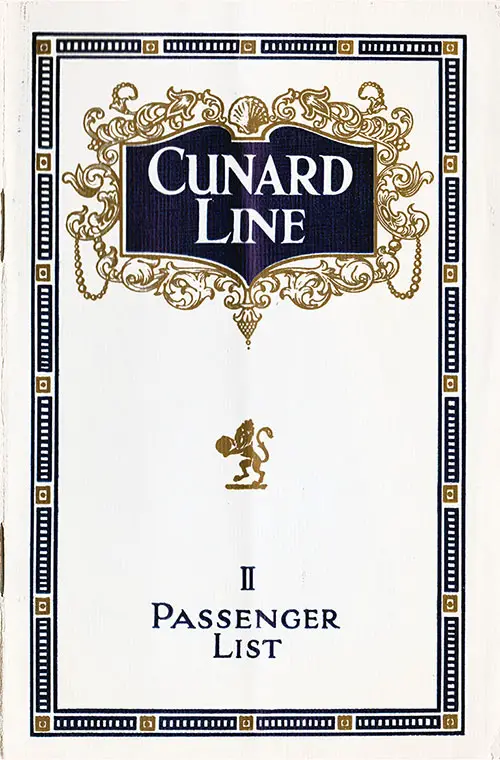 Front Cover, Cunard RMS Aquitania Second Class Passenger List - 3 November 1923.