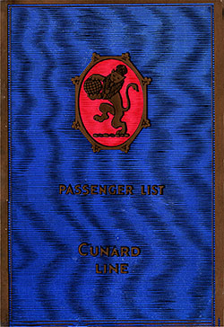 Front Cover, Cunard Line RMS Aquitania First Class Passenger List - 18 May 1929.