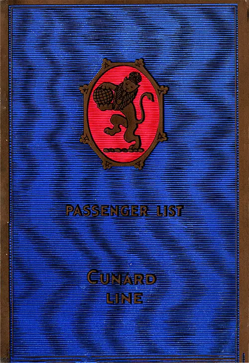 Front Cover, Cunard Line RMS Aquitania First Class Passenger List - 18 May 1929.