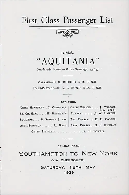 Title Page, RMS Aquitania First Class Passenger List, 18 May 1929.