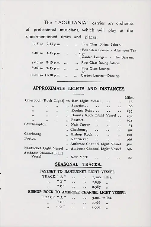 RMS Aquitania Orchestra Concert Times and Places, Approximate Lights and Distances, and Season Tracks, 18 May 1929.