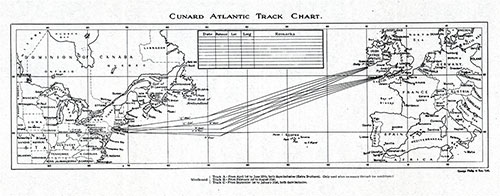 Cunard Atlantic Track Chart for the RMS Aquitania (1914). First Class Passenger List for the RMS Aquitania, 18 May 1929.