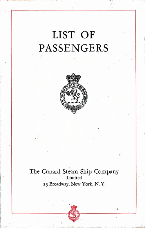 Title Page, RMS Aquitania First Class Passenger List, 19 June 1929.