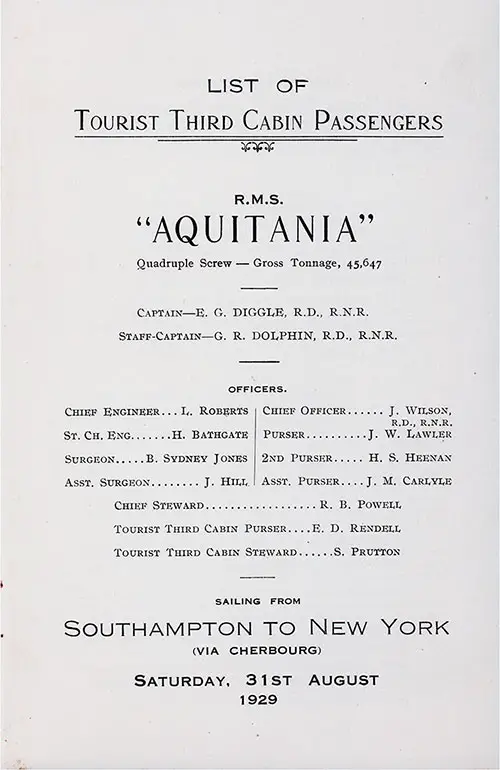 Title Page, RMS Aquitania Tourist Third Cabin Passenger List, 31 August 1929.