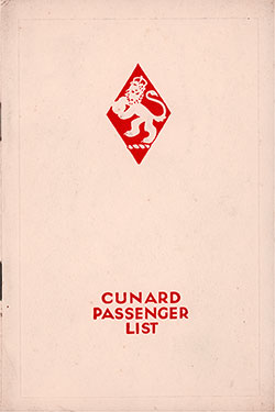 Front Cover, Cunard Line RMS Aquitania First Class Passenger List - 5 April 1930.