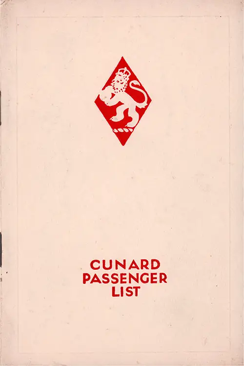 Front Cover, Cunard Line RMS Aquitania First Class Passenger List - 5 April 1930.