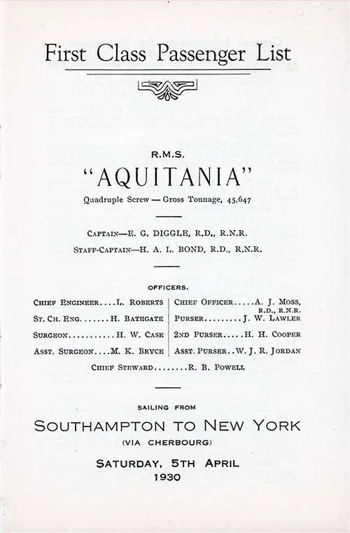 Title Page, RMS Aquitania First Class Passenger List, 5 April 1930.
