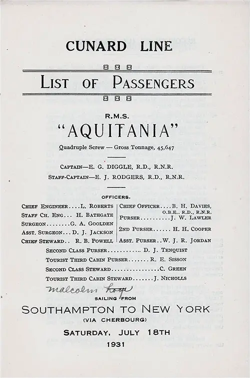 Title Page, RMS Aquitania Second Class and Tourist Third Cabin Passenger List, 18 July 1931.