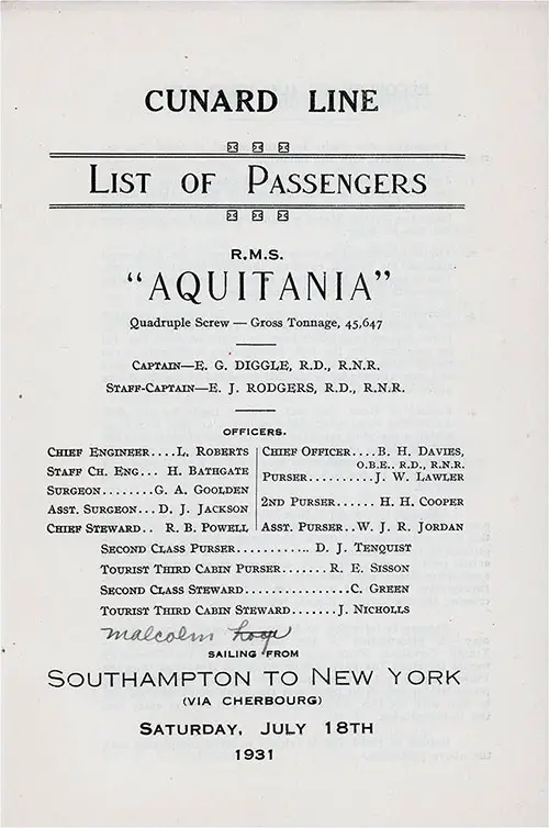 Title Page Including Listing of Senior Officers and Staff, RMS Aquitania Second Cabin and Tourist Third Cabin Passenger List, 18 July 1931.