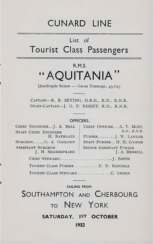 Title Page, RMS Aquitania Tourist Class Passenger List, 1 October 1932.