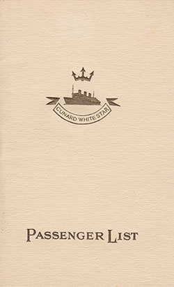 Front Cover of a Third Class Passenger List from the RMS Aquitania of the Cunard Line, Departing 24 August 1938 from Southampton to New York via Cherbourg