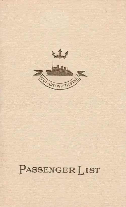 Front Cover of a Third Class Passenger List from the RMS Aquitania of the Cunard Line, Departing 24 August 1938 from Southampton to New York via Cherbourg
