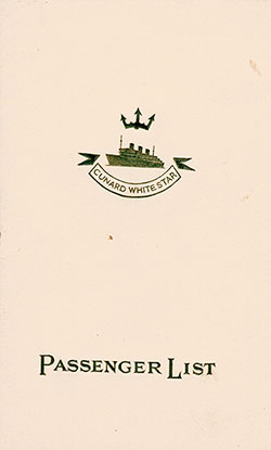 Front Cover of a Third Class Passenger List from the RMS Aquitania of the Cunard Line, Departing 7 September 1938 from Southampton to New York via Cherbourg,