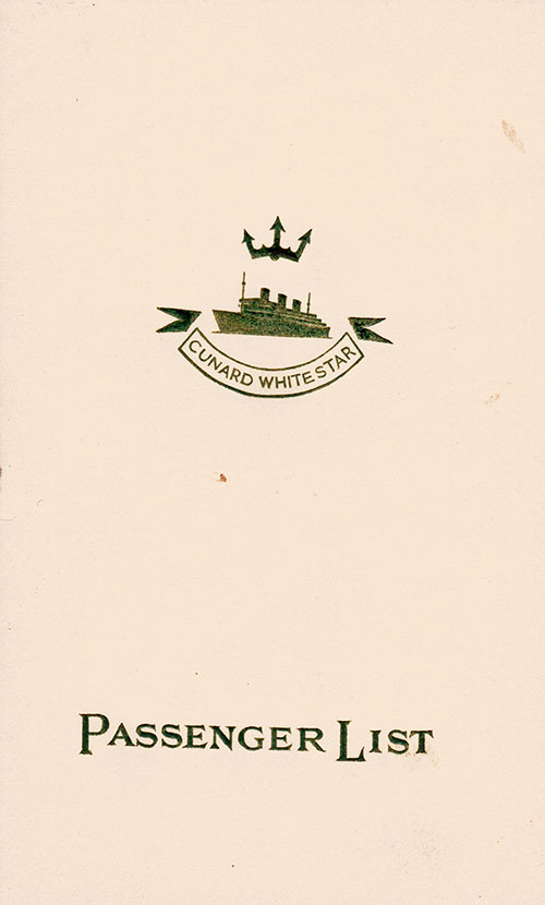 Front Cover of a Third Class Passenger List from the RMS Aquitania of the Cunard Line, Departing 7 September 1938 from Southampton to New York via Cherbourg,