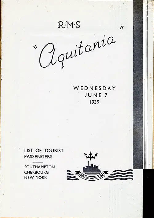 Title Page, RMS Aquitania Tourist Class Passenger List, 7 June 1939.