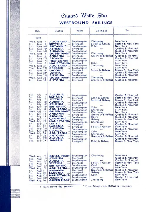 Westbound Sailing Schedule from 7 June 1939 to 16 August 1939.